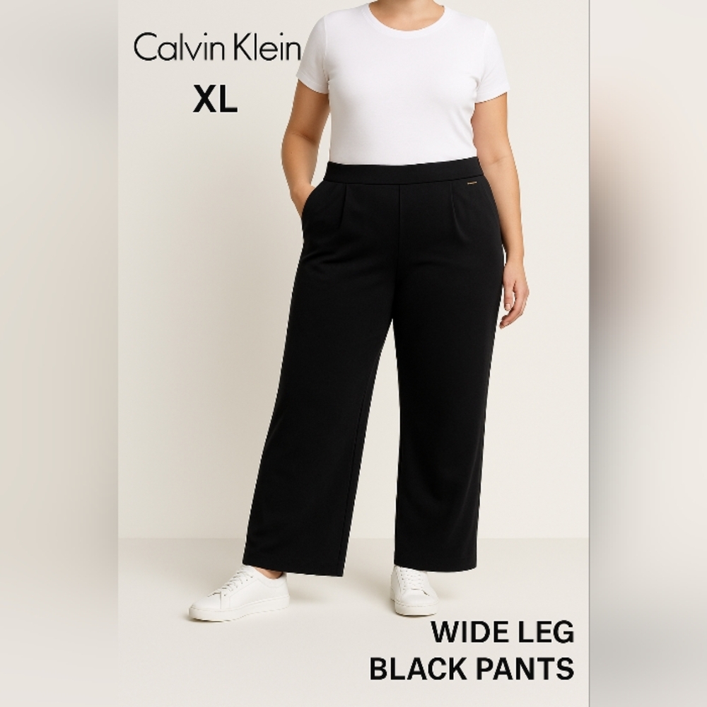 Calvin Klein Women's Black Wide  Leg Pants Suede Feel Polyester Size XL